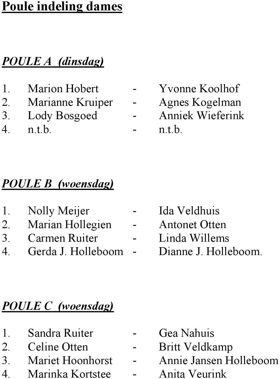 Marian Hollegien - Antonet Otten 3. Carmen Ruiter - Linda Willems 4. Gerda J. Holleboom - Dianne J. Holleboom. POULE C (woensdag) 1.