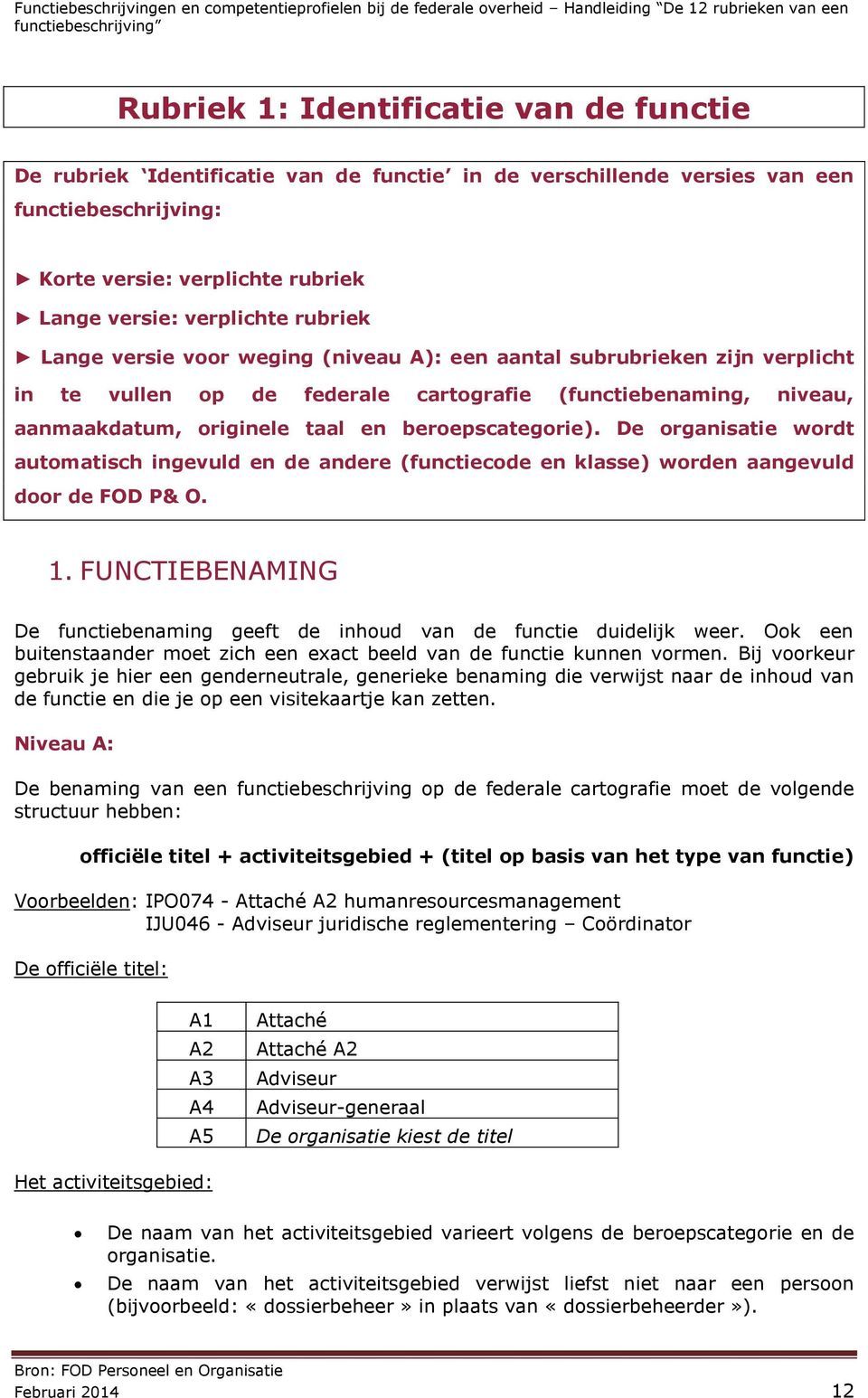 De organisatie wordt automatisch ingevuld en de andere (functiecode en klasse) worden aangevuld door de FOD P& O. 1. FUNCTIEBENAMING De functiebenaming geeft de inhoud van de functie duidelijk weer.