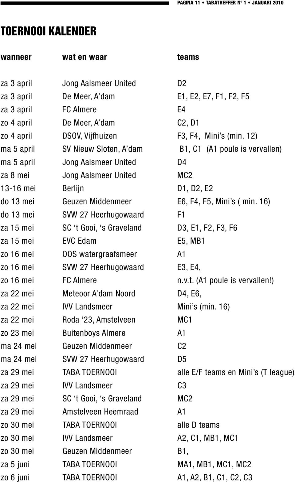 12) ma 5 april SV Nieuw Sloten, A dam B1, C1 (A1 poule is vervallen) ma 5 april Jong Aalsmeer United D4 za 8 mei Jong Aalsmeer United MC2 13-16 mei Berlijn D1, D2, E2 do 13 mei Geuzen Middenmeer E6,