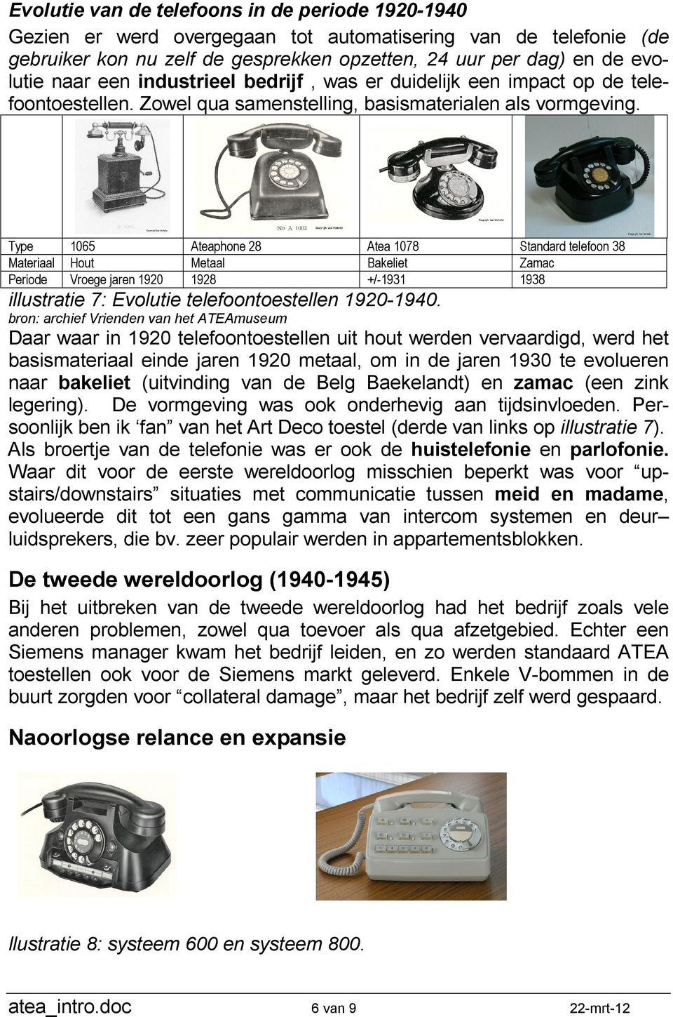 Type 1065 Ateaphone 28 Atea 1078 Standard telefoon 38 Materiaal Hout Metaal Bakeliet Zamac Periode Vroege jaren 1920 1928 +/-1931 1938 illustratie 7: Evolutie telefoontoestellen 1920-1940.