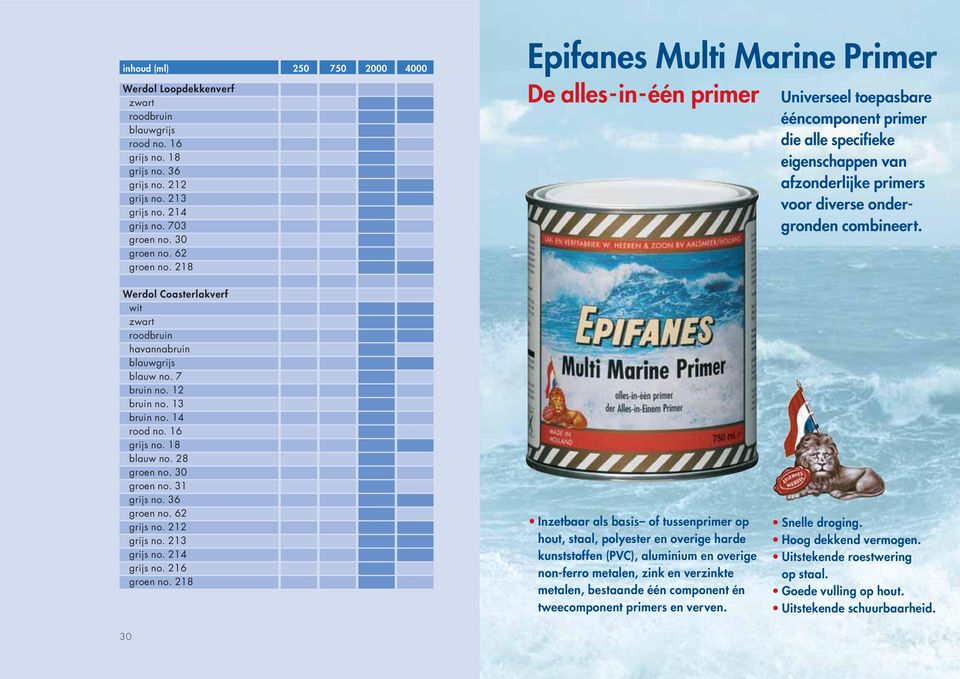 218 Epifanes Multi Marine Primer De alles-in-één primer Universeel toepasbare ééncomponent primer die alle specifieke eigenschappen van afzonderlijke primers voor diverse ondergronden combineert.