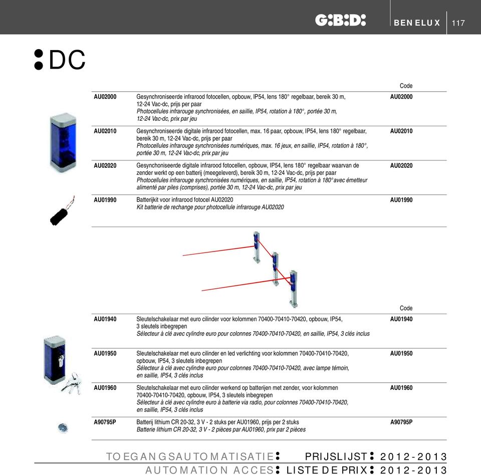 16 paar, opbouw, IP54, lens 180 regelbaar, bereik 30 m, 12-24 Vac-dc, prijs per paar Photocellules infrarouge synchronisées numériques, max.