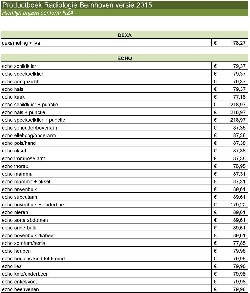 87,38 echo thorax 76,95 echo mamma 87,31 echo mamma + oksel 87,31 echo bovenbuik 89,61 echo subcutaan 89,61 echo bovenbuik + onderbuik 179,22 echo nieren 89,61 echo aorta abdomen 89,61 echo