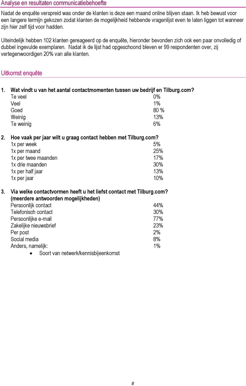 Uiteindelijk hebben 102 klanten gereageerd op de enquête, hieronder bevonden zich ook een paar onvolledig of dubbel ingevulde exemplaren.