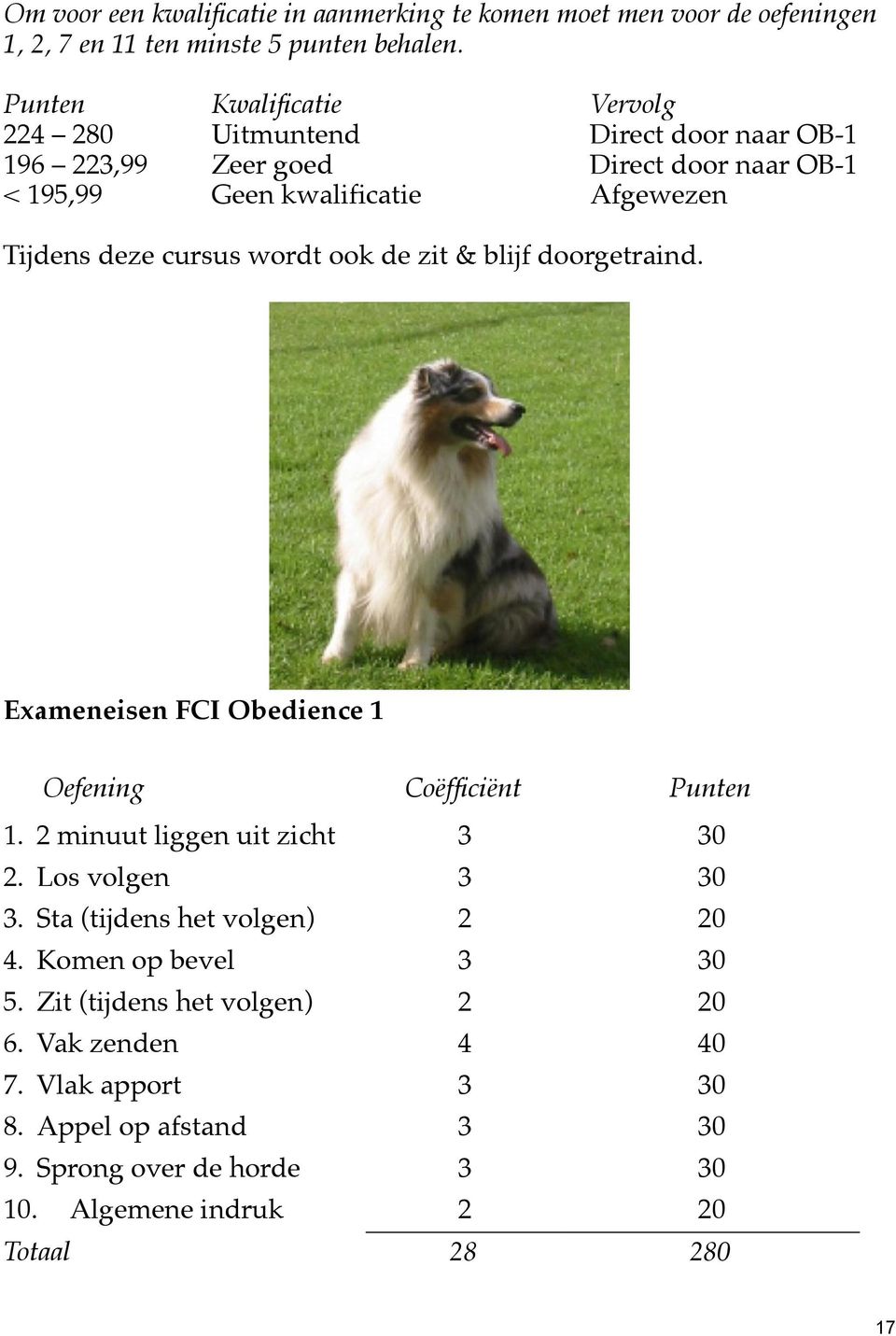 cursus wordt ook de zit & blijf doorgetraind. Exameneisen FCI Obedience 1 Oefening Coëfficiënt Punten 1. 2 minuut liggen uit zicht 3 30 2. Los volgen 3 30 3.