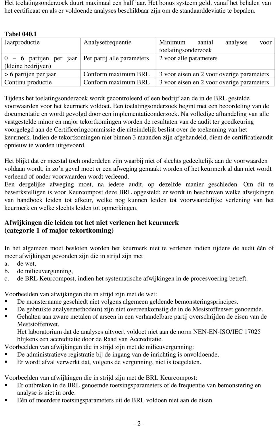 1 Jaarproductie Analysefrequentie Minimum aantal analyses voor toelatingsonderzoek 0 6 partijen per jaar Per partij alle parameters 2 voor alle parameters (kleine bedrijven) > 6 partijen per jaar