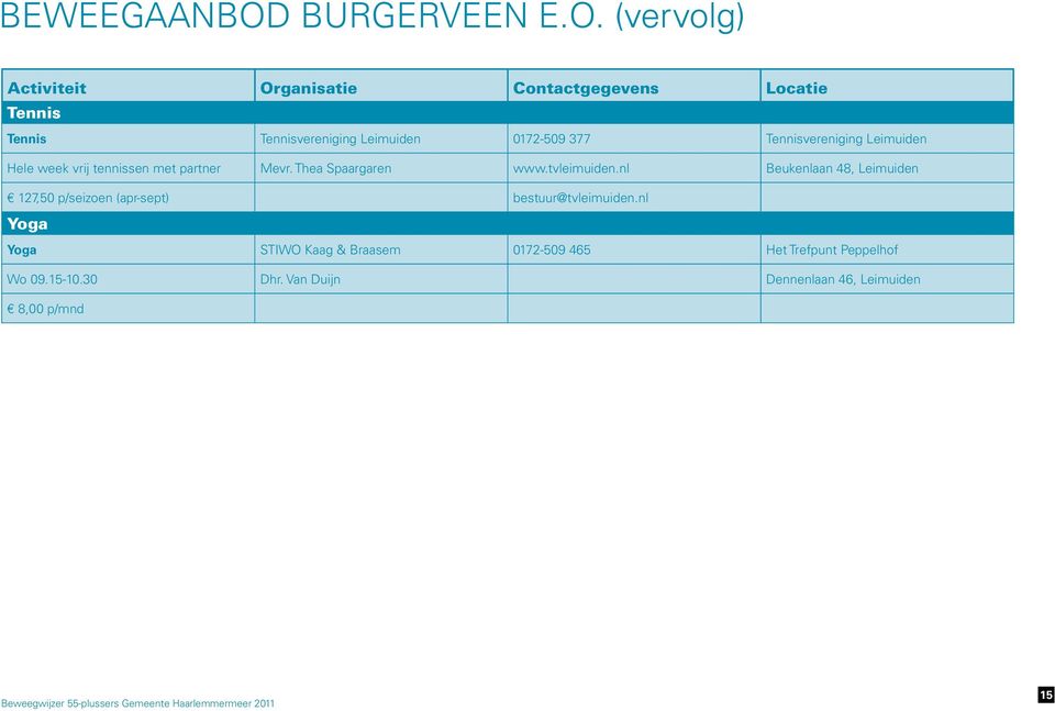 (vervolg) Tennis Tennis Tennisvereniging Leimuiden 0172-509 377 Tennisvereniging Leimuiden Hele week vrij tennissen