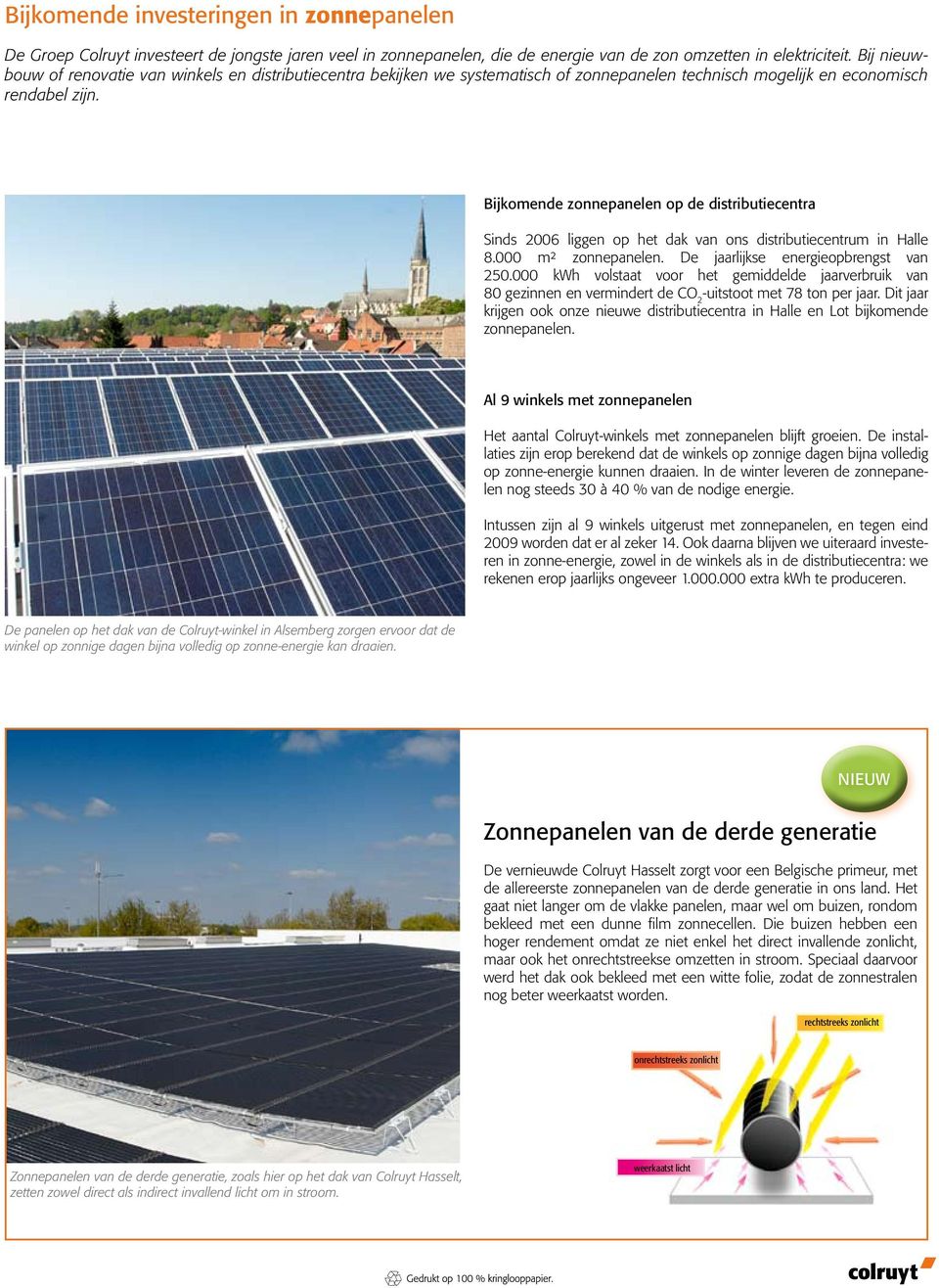 Bijkomende zonnepanelen op de distributiecentra Sinds 2006 liggen op het dak van ons distributiecentrum in Halle 8.000 m² zonnepanelen. De jaarlijkse energieopbrengst van 250.