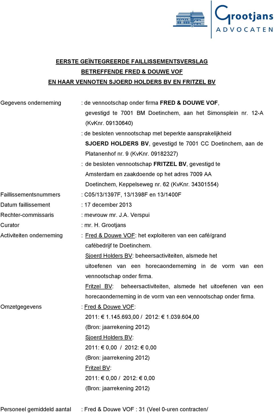 09130640) : de besloten vennootschap met beperkte aansprakelijkheid SJOERD HOLDERS BV, gevestigd te 7001 CC Doetinchem, aan de Platanenhof nr. 9 (KvKnr.