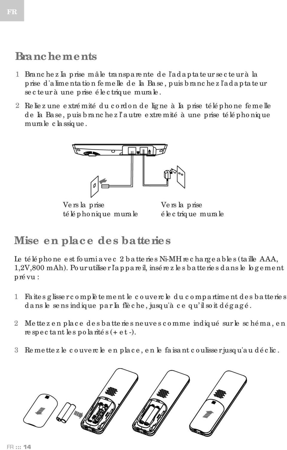 Vers la prise téléphonique murale Vers la prise électrique murale Mise en place des batteries Le téléphone est fourni avec batteries Ni-MH rechargeables (taille AAA, 1,V,800 mah).