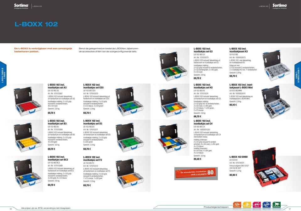 Inzetbakjes indeling: 2 x U3 grijs inclusief 6 verdeelschotten, 2 x G3 donkergroen, 2 x B3 geel, 2 x A3 rood Gewicht: 2,8 kg 69,70 102 incl. inzetbakjesset K3 LB 102 IBS Art.-Nr.