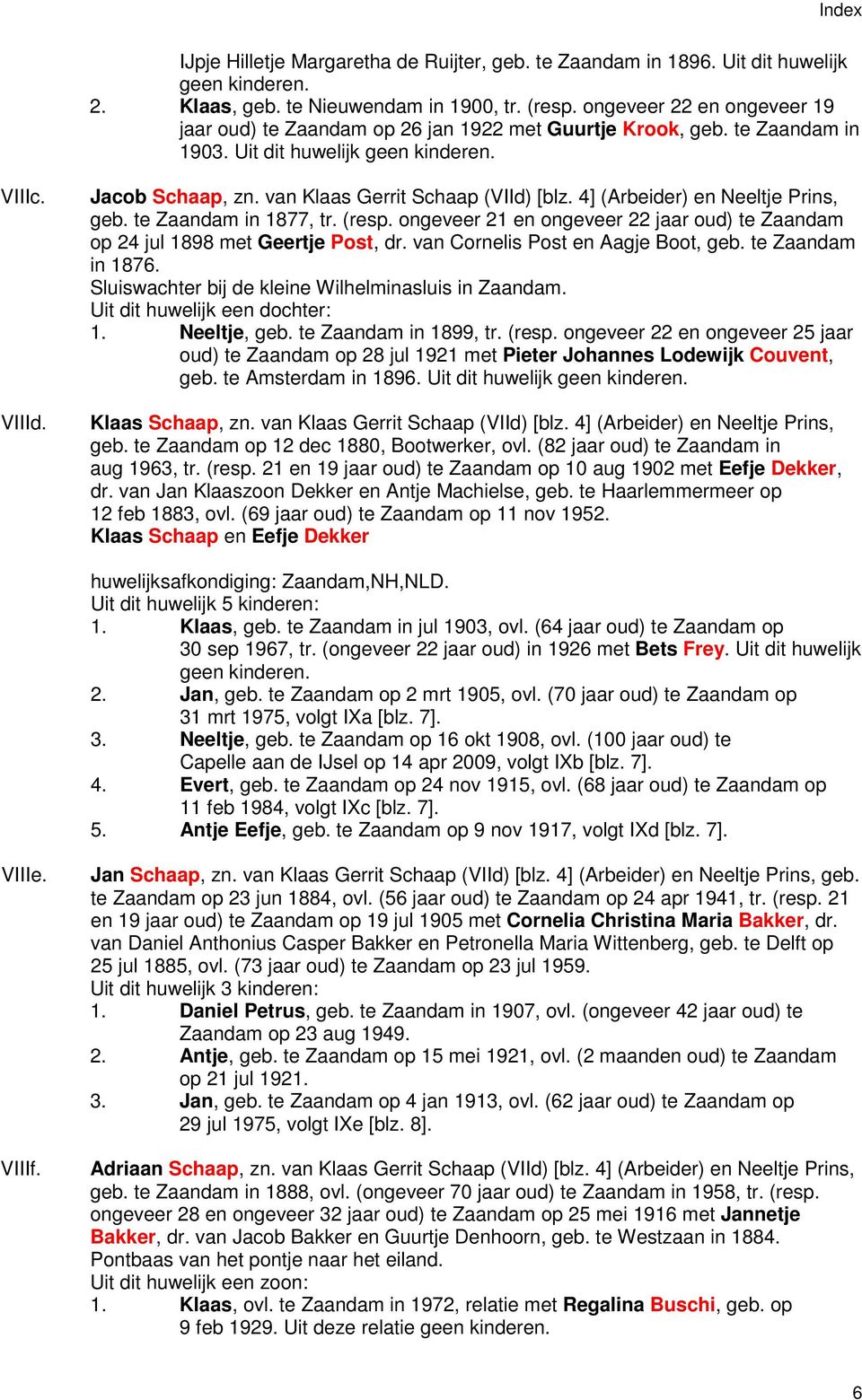 van Klaas Gerrit Schaap (VIId) [blz. 4] (Arbeider) en Neeltje Prins, geb. te Zaandam in 1877, tr. (resp. ongeveer 21 en ongeveer 22 jaar oud) te Zaandam op 24 jul 1898 met Geertje Post, dr.