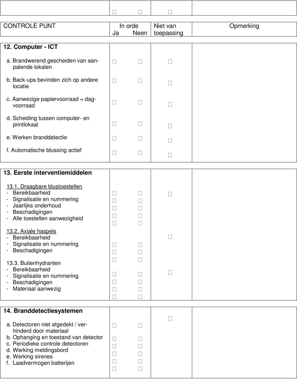 . Eerste interventiemiddelen 13.1. Draagbare blustoestellen - Bereikbaarheid - Signalisatie en nummering - Jaarlijks onderhoud - Alle toestellen aanwezigheid 13.2.