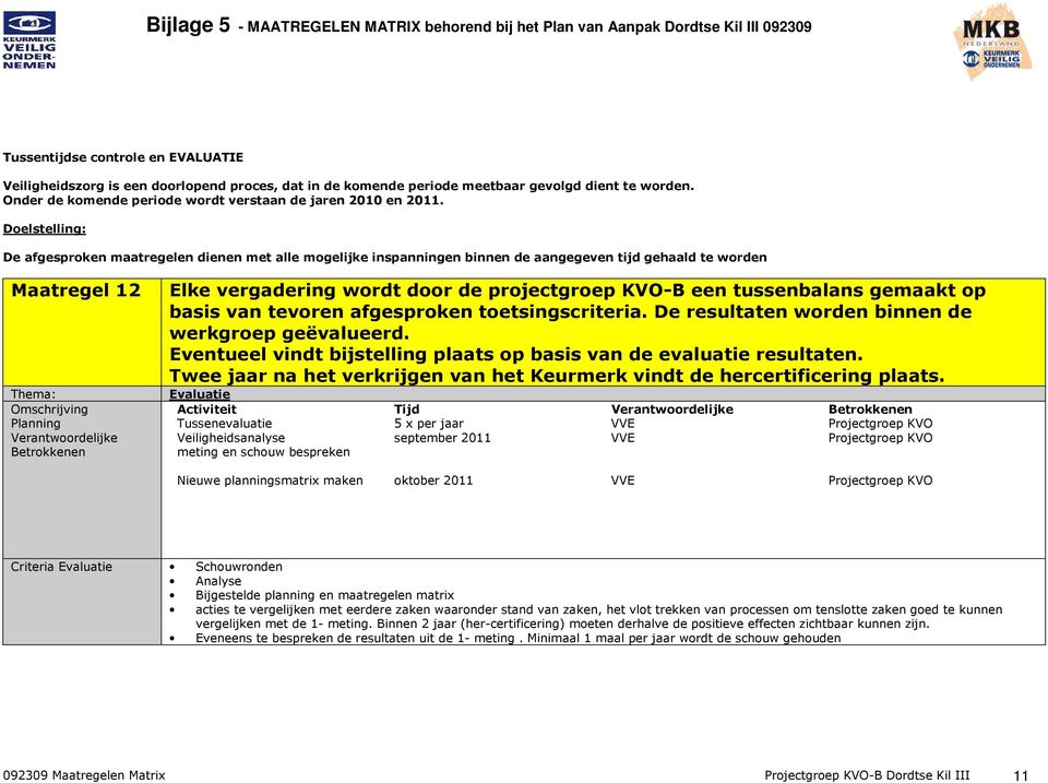 op basis van tevoren afgesproken toetsingscriteria. De resultaten worden binnen de werkgroep geëvalueerd. Eventueel vindt bijstelling plaats op basis van de evaluatie resultaten.