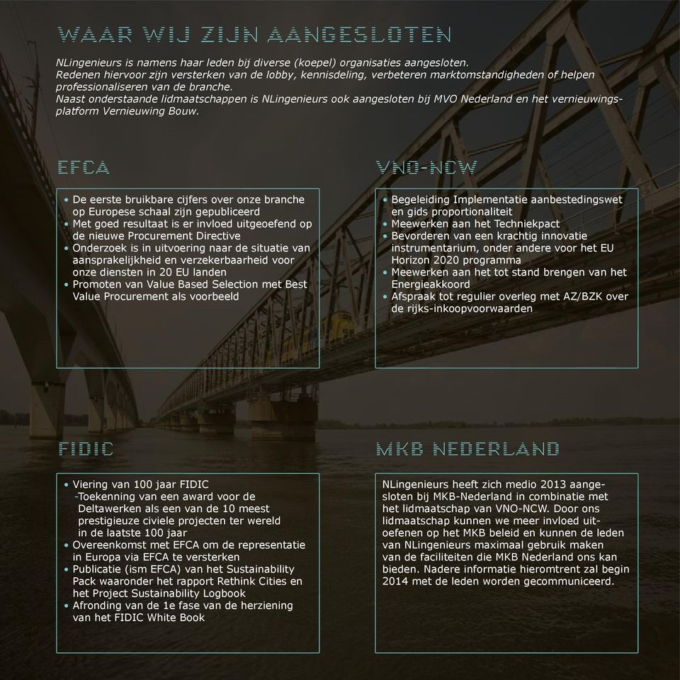 Naast onderstaande lidmaatschappen is NLingenieurs ook aangesloten bij MVO Nederland en het vernieuwingsplatform Vernieuwing Bouw.