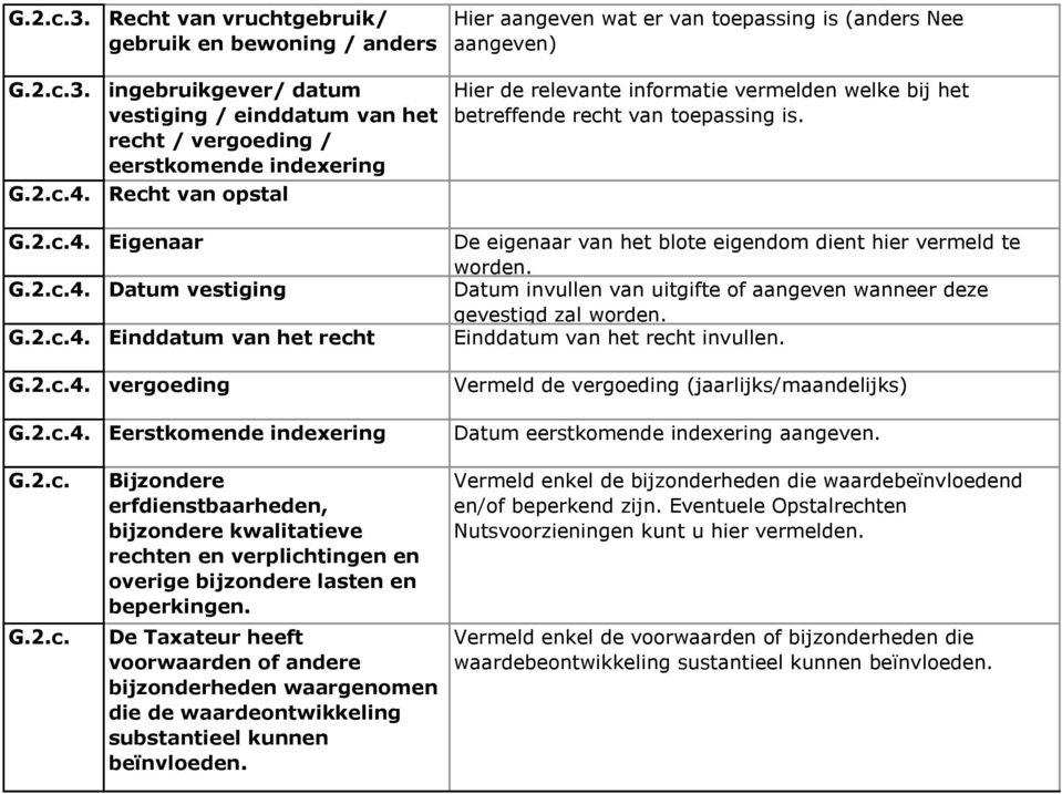 toepassing is (anders Nee aangeven) Hier de relevante informatie vermelden welke bij het betreffende recht van toepassing is. G.2.c.4.