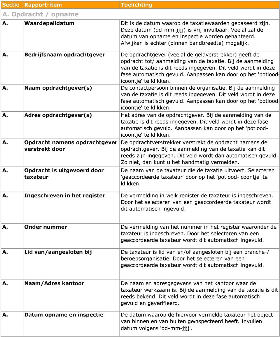 Bij de aanmelding van de taxatie is dit reeds ingegeven. Dit veld wordt in deze fase automatisch gevuld. Aanpassen kan door op het 'potloodicoontje' te klikken. A. Naam opdrachtgever(s) De contactpersoon binnen de organisatie.