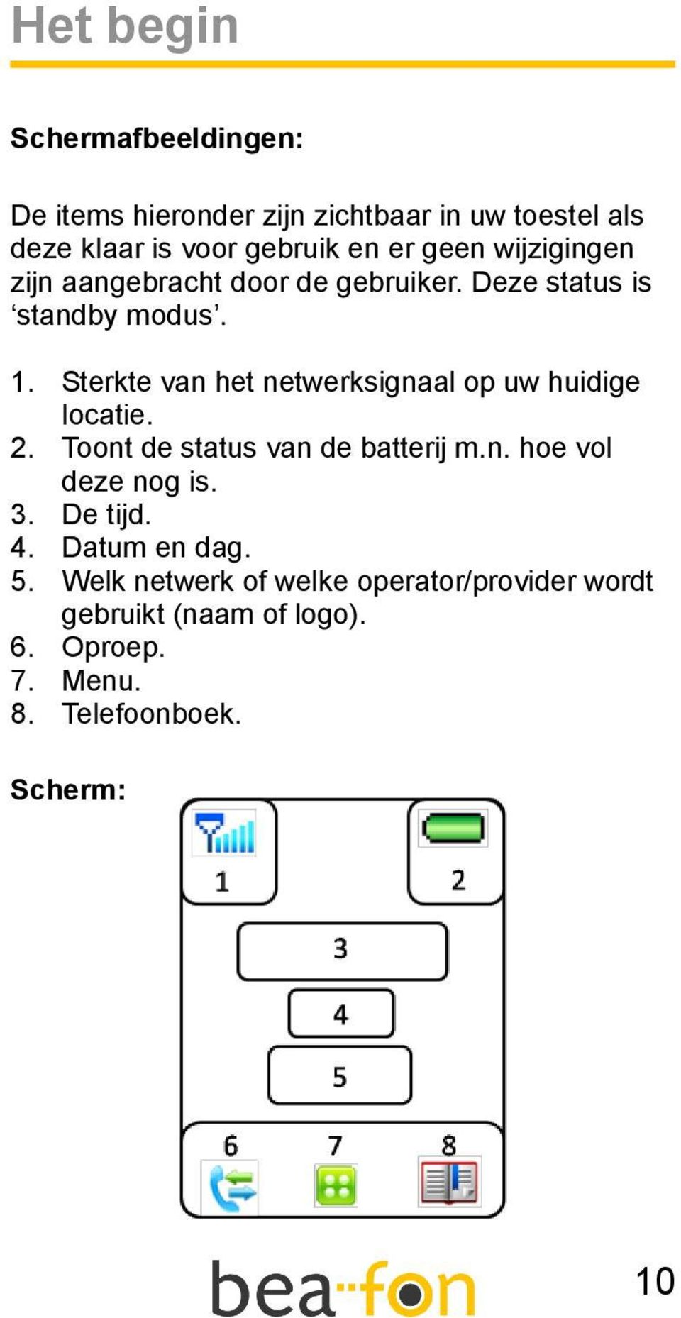 Sterkte van het netwerksignaal op uw huidige locatie. 2. Toont de status van de batterij m.n. hoe vol deze nog is. 3.