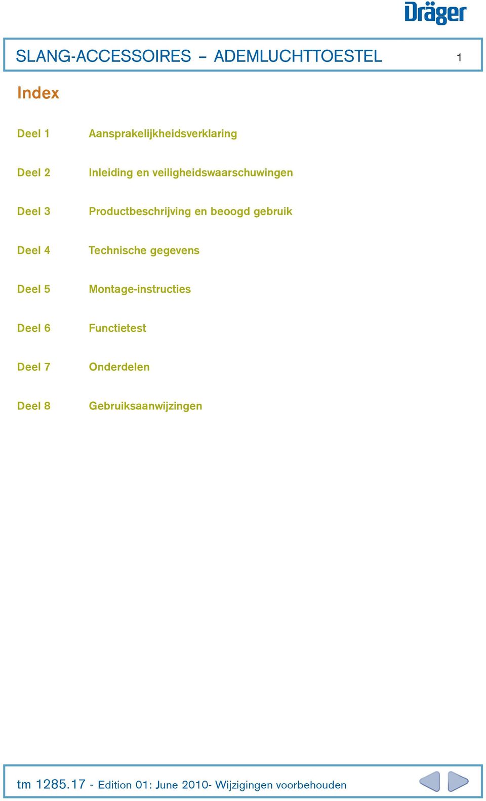 Deel 4 Technische gegevens Deel 5 Montage-instructies Deel 6 Functietest Deel 7