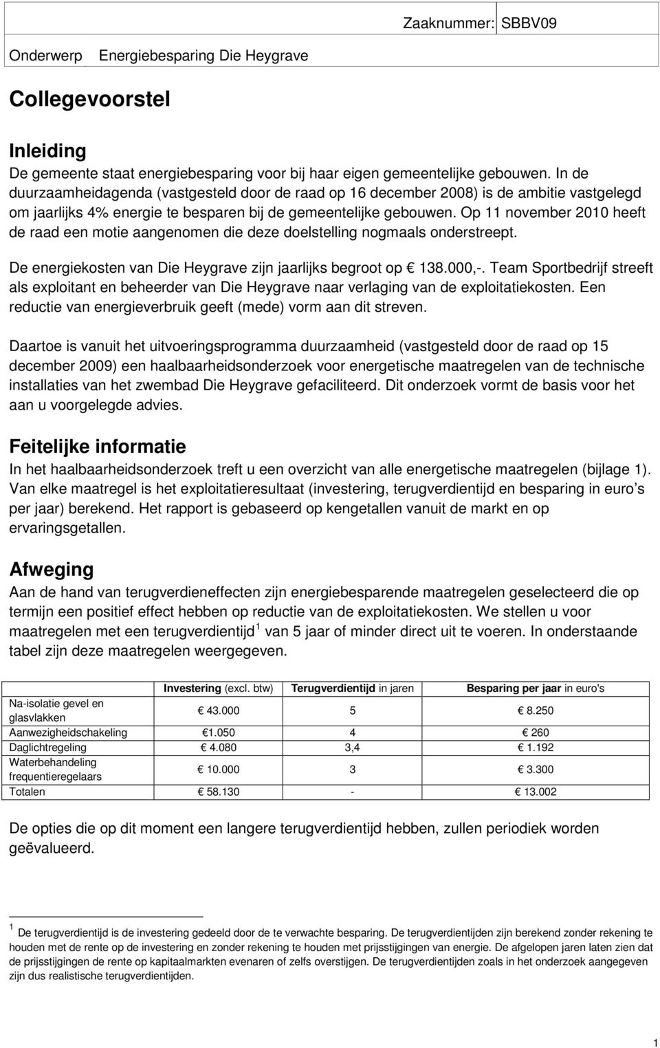 Op 11 november 2010 heeft de raad een motie aangenomen die deze doelstelling nogmaals onderstreept. De energiekosten van Die Heygrave zijn jaarlijks begroot op 138.000,-.