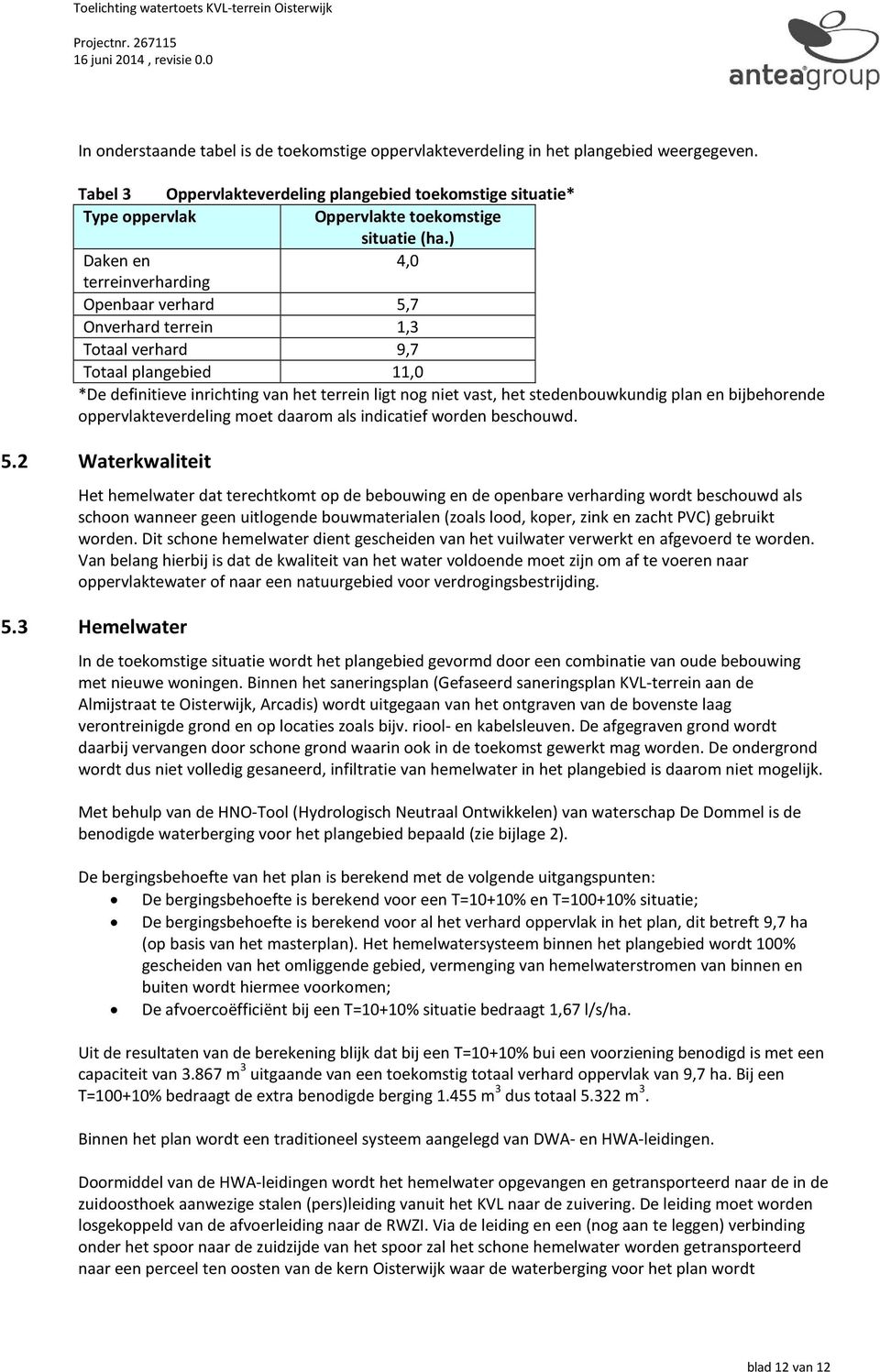 ) Daken en 4,0 terreinverharding Openbaar verhard 5,7 Onverhard terrein 1,3 Totaal verhard 9,7 Totaal plangebied 11,0 *De definitieve inrichting van het terrein ligt nog niet vast, het