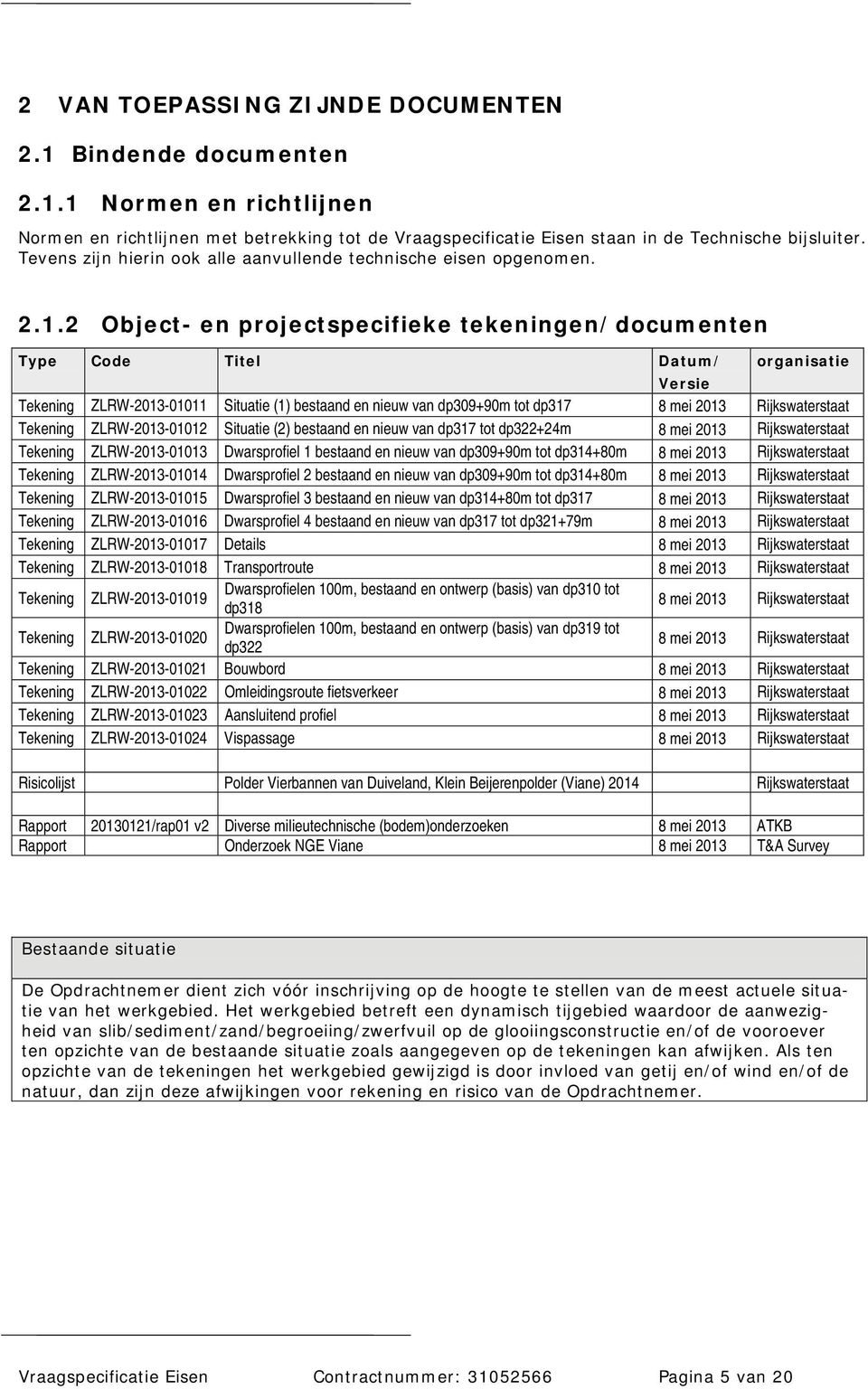 2 Object- en projectspecifieke tekeningen/documenten Type Code Titel Datum/ organisatie Versie Tekening ZLRW-2013-01011 Situatie (1) bestaand en nieuw van dp309+90m tot dp317 8 mei 2013