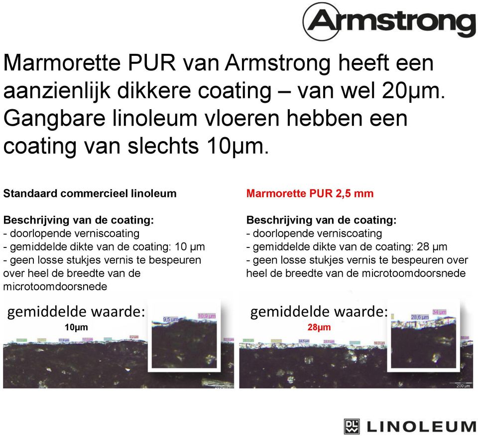vernis te bespeuren over heel de breedte van de microtoomdoorsnede gemiddelde waarde: 10µm Marmorette PUR 2,5 mm Beschrijving van de coating: -