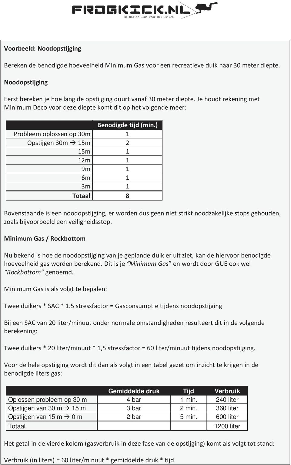 ) Probleem oplossen op 30m 1 Opstijgen 30m 15m 2 15m 1 12m 1 9m 1 6m 1 3m 1 Totaal 8 Bovenstaande is een noodopstijging, er worden dus geen niet strikt noodzakelijke stops gehouden, zoals