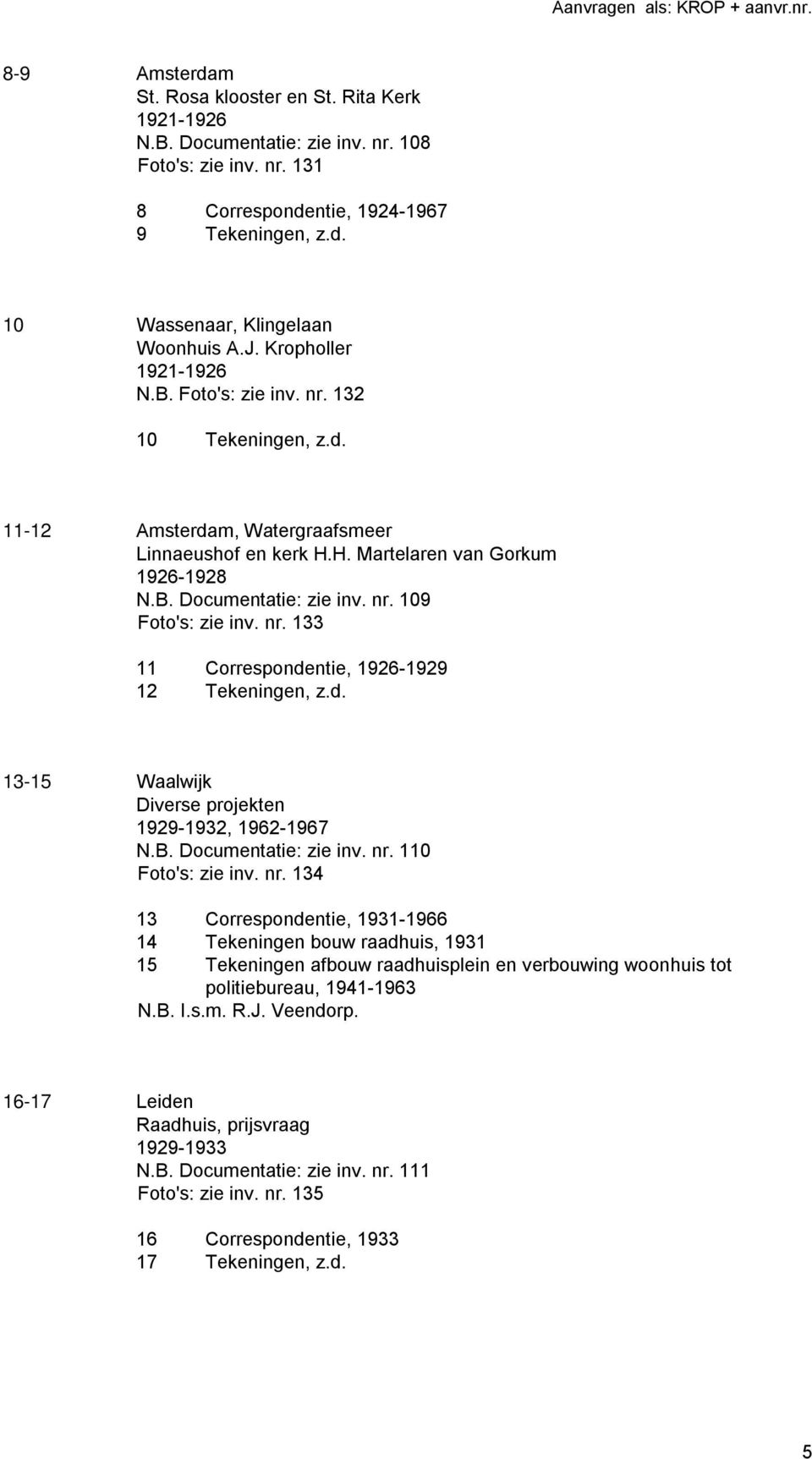 nr. 133 11 Correspondentie, 1926-1929 12 Tekeningen, z.d. 13-15 Waalwijk Diverse projekten 1929-1932, 1962-1967 N.B. Documentatie: zie inv. nr.