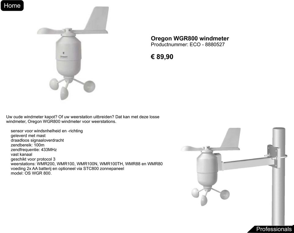 sensor voor windsnhelheid en -richting geleverd met mast draadloos signaaloverdracht zendbereik: 100m zendfrequentie: