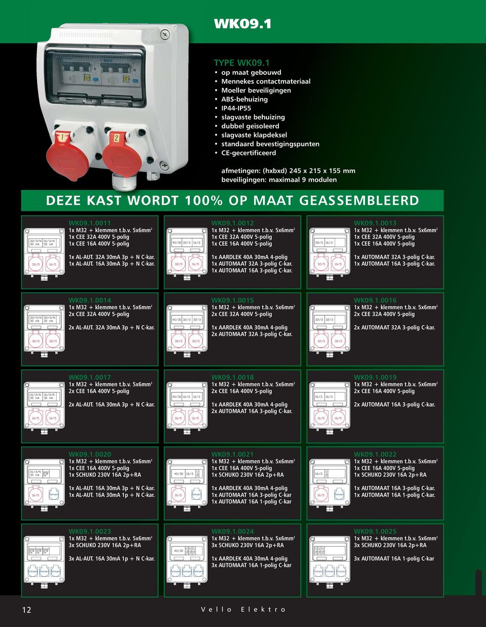 afmetingen: (hxbxd) 245 x 215 x 155 mm beveiligingen: maximaal 9 modulen WK09.1.0011 1x AL-AUT. 32A 30mA 3p + N C-kar. 1x AL-AUT. 16A 30mA 3p + N C-kar. WK09.1.0012 WK09.1.0013 WK09.1.0014 2x CEE 32A 400V 5-polig 2x AL-AUT.