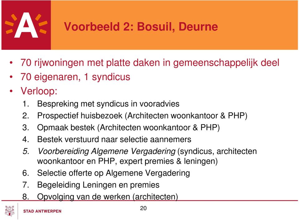 Opmaak bestek (Architecten woonkantoor & PHP) 4. Bestek verstuurd naar selectie aannemers 5.