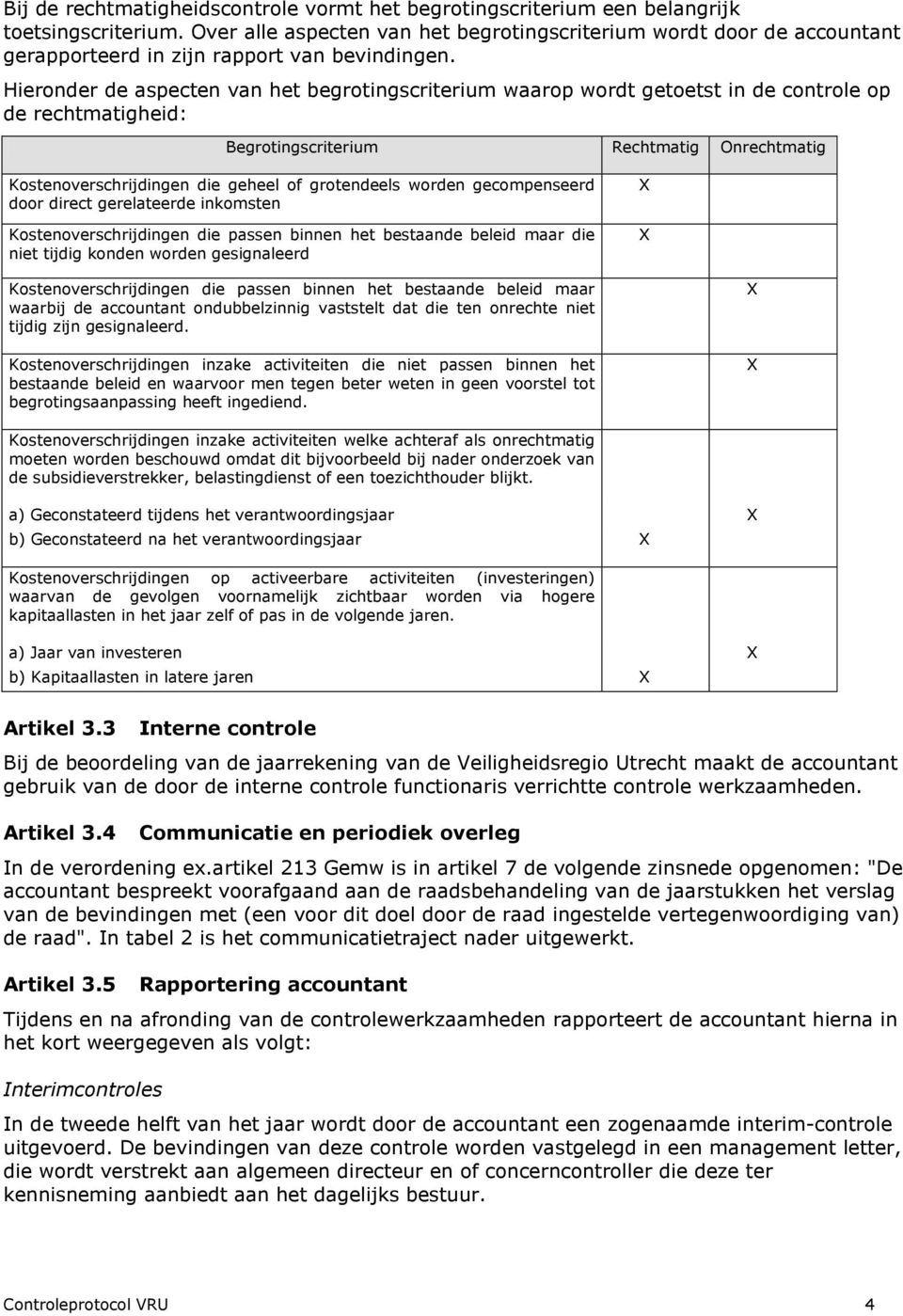 Hieronder de aspecten van het begrotingscriterium waarop wordt getoetst in de controle op de rechtmatigheid: Begrotingscriterium Rechtmatig Onrechtmatig Kostenoverschrijdingen die geheel of