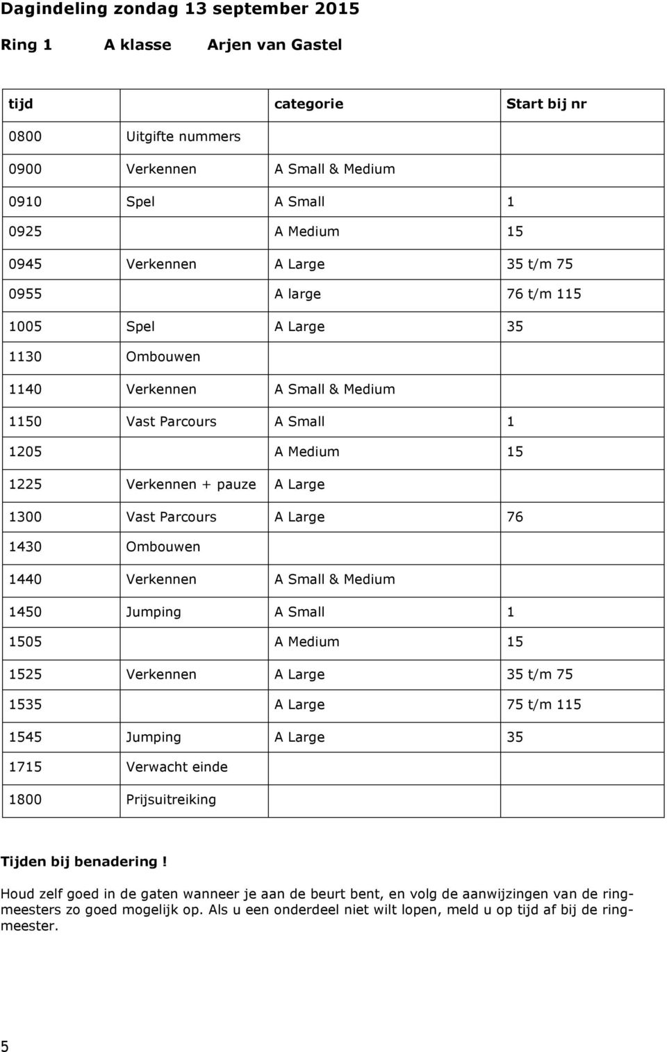 1300 Vast Parcours A Large 76 1430 Ombouwen 1440 Verkennen A Small & Medium 1450 Jumping A Small 1 1505 A Medium 15 1525 Verkennen A Large 35 t/m 75 1535 A Large 75 t/m 115 1545 Jumping A Large 35