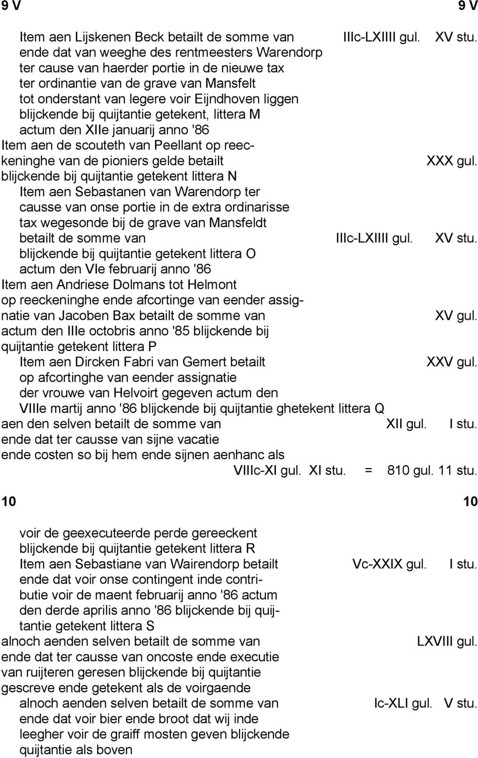 quijtantie getekent, littera M actum den XIIe januarij anno '86 Item aen de scouteth van Peellant op reeckeninghe van de pioniers gelde betailt XXX gul.