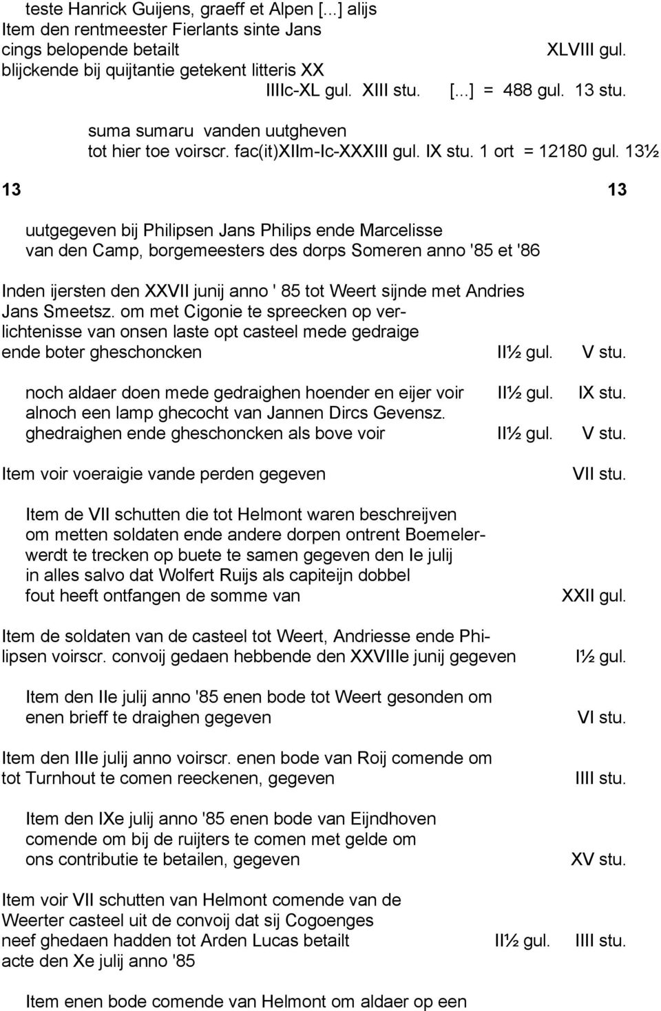 13½ 13 13 uutgegeven bij Philipsen Jans Philips ende Marcelisse van den Camp, borgemeesters des dorps Someren anno '85 et '86 Inden ijersten den XXVII junij anno ' 85 tot Weert sijnde met Andries