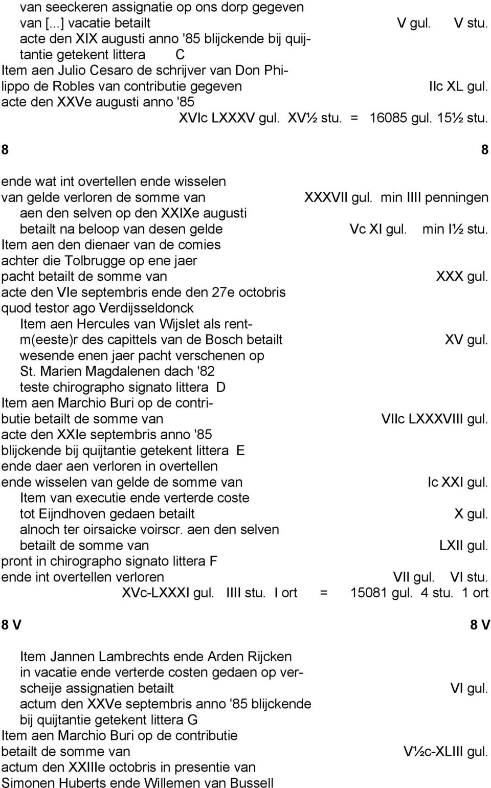 acte den XXVe augusti anno '85 XVIc LXXXV gul. XV½ stu. = 16085 gul. 15½ stu. 8 8 ende wat int overtellen ende wisselen van gelde verloren de somme van XXXVII gul.