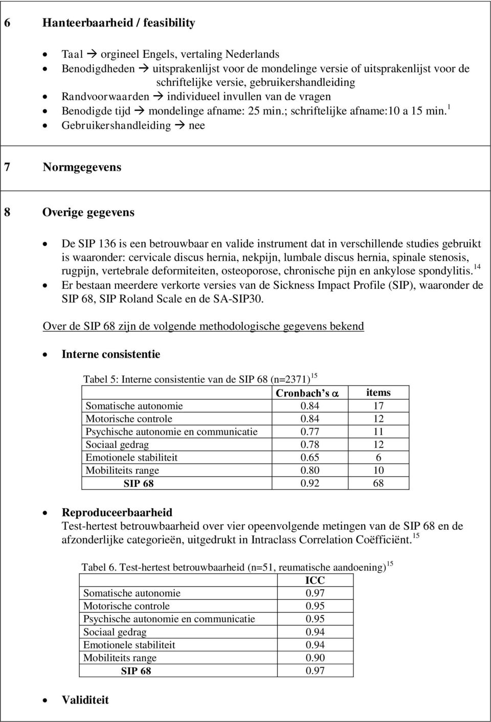 1 Gebruikershandleiding nee 7 Normgegevens 8 Overige gegevens De SIP 136 is een betrouwbaar en valide instrument dat in verschillende studies gebruikt is waaronder: cervicale discus hernia, nekpijn,