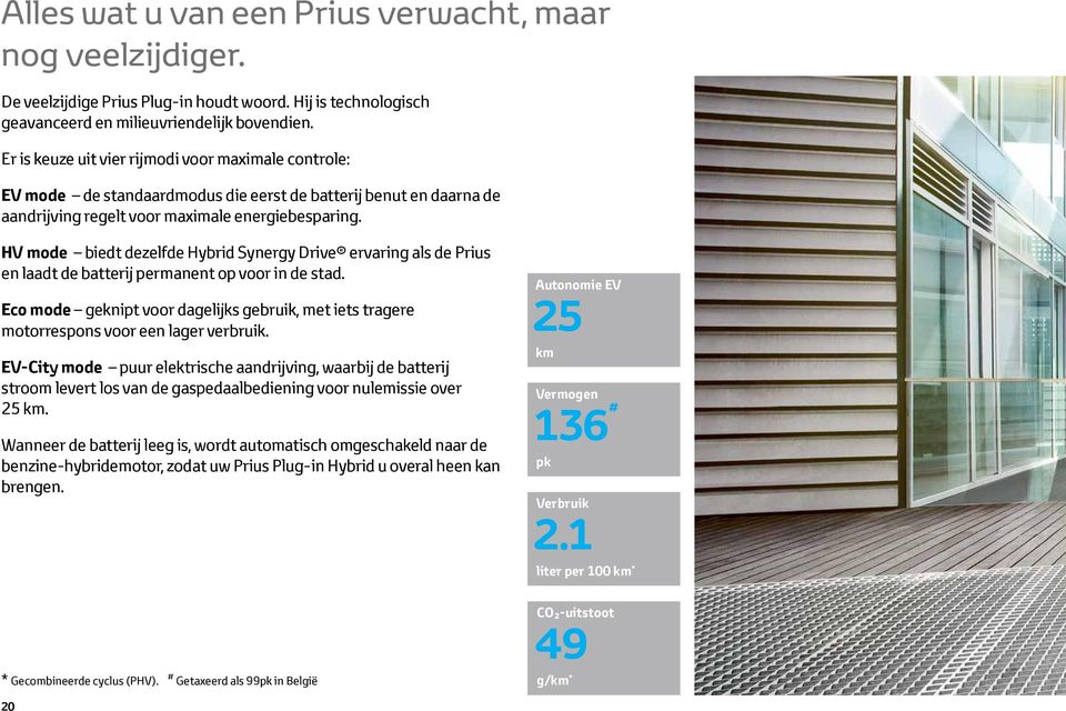 HV mode biedt dezelfde Hybrid Synergy Drive ervaring als de Prius en laadt de batterij permanent op voor in de stad.