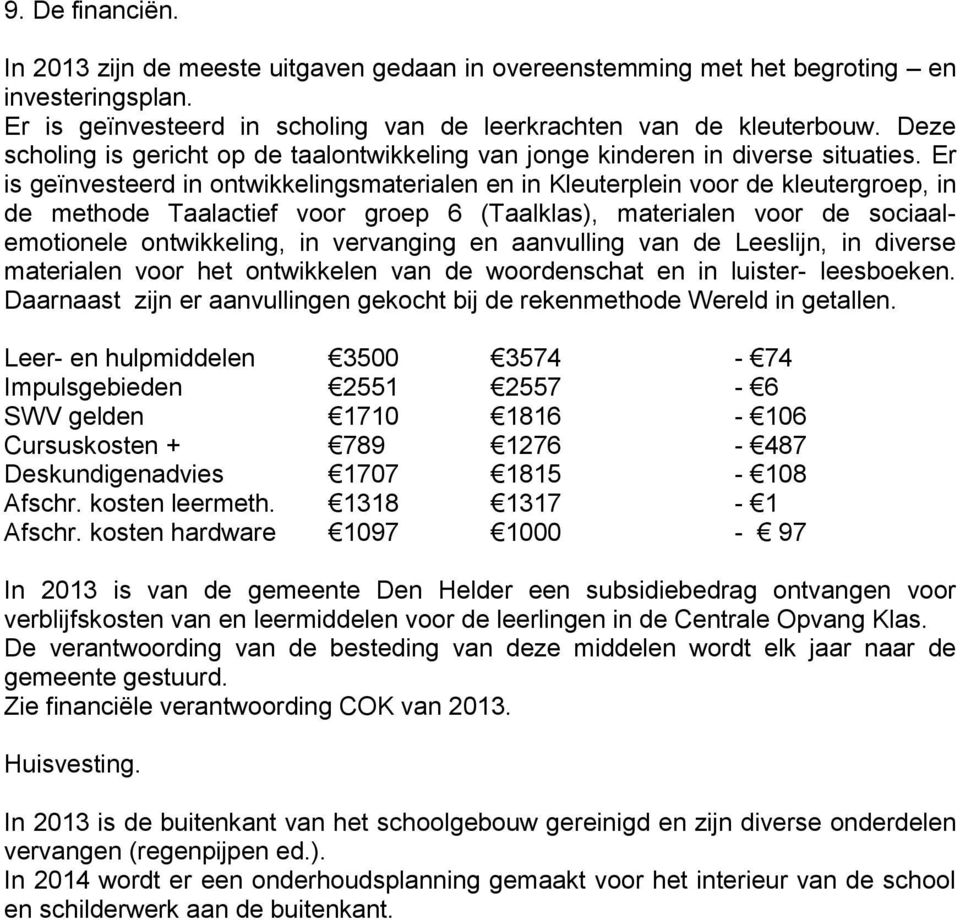 Er is geïnvesteerd in ontwikkelingsmaterialen en in Kleuterplein voor de kleutergroep, in de methode Taalactief voor groep 6 (Taalklas), materialen voor de sociaalemotionele ontwikkeling, in