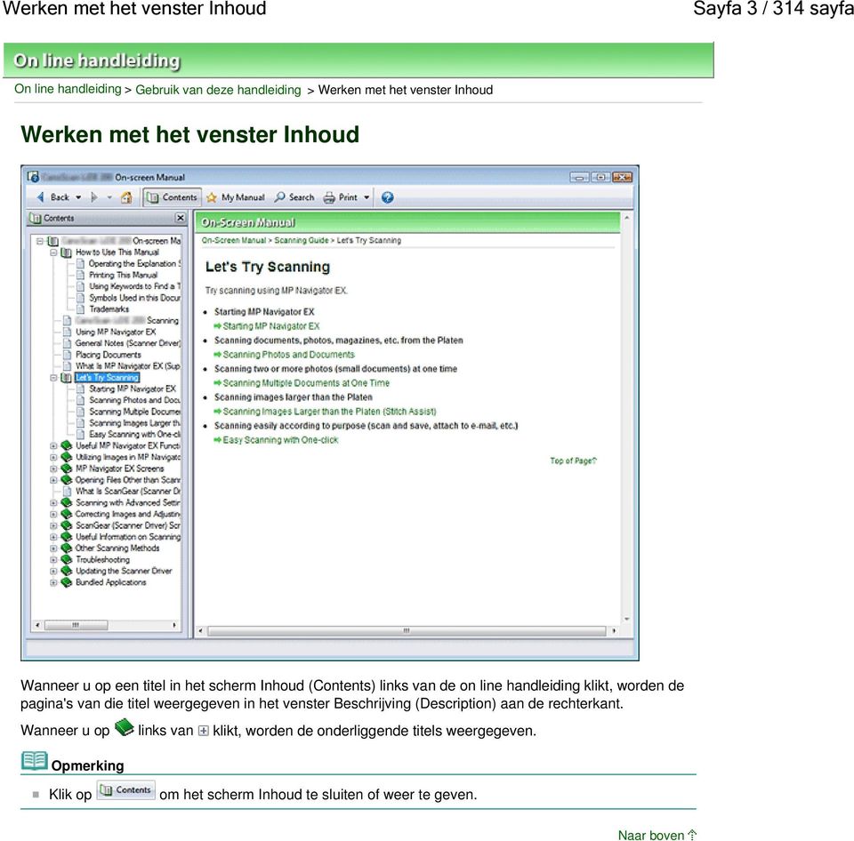 handleiding klikt, worden de pagina's van die titel weergegeven in het venster Beschrijving (Description) aan de