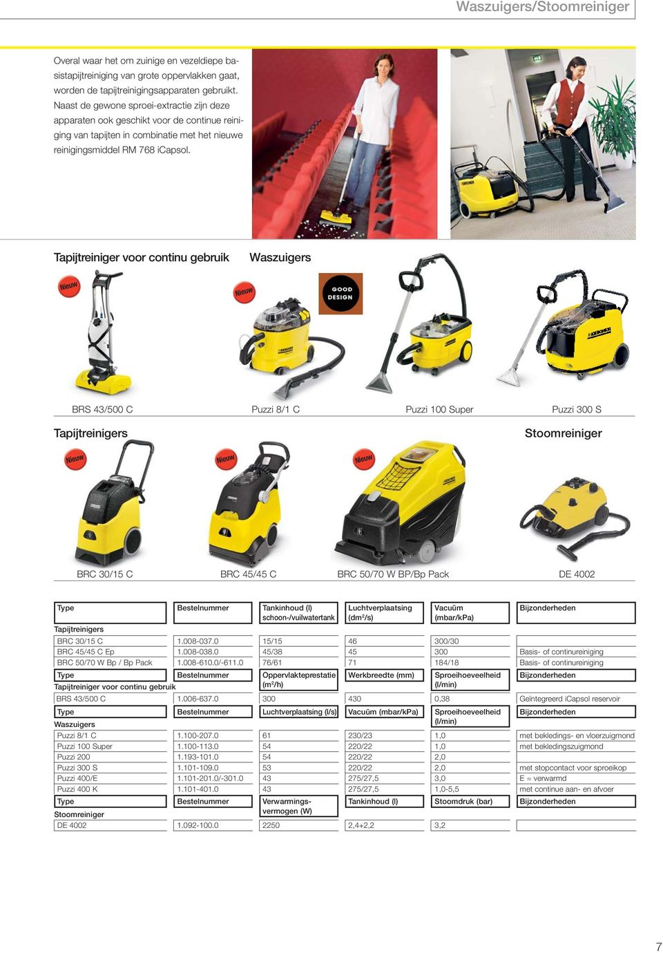 Tapijtreiniger voor continu gebruik Waszuigers BRS 43/500 C Puzzi 8/1 C Puzzi 100 Super Puzzi 300 S Tapijtreinigers Stoomreiniger BRC 30/15 C BRC 45/45 C BRC 50/70 W BP/Bp Pack DE 4002 Type