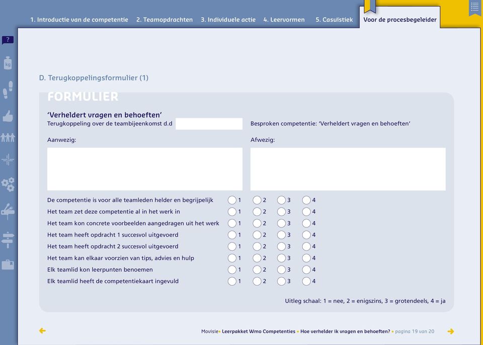 d Aanwezig: Besproken competentie: Verheldert vragen en behoeften Afwezig: De competentie is voor alle teamleden helder en begrijpelijk 1 2 3 4 Het team zet deze competentie al in het werk in 1 2 3 4