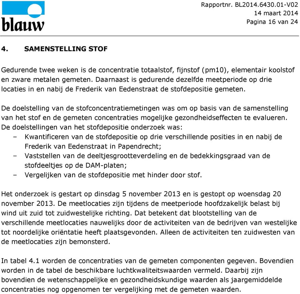 De doelstelling van de stofconcentratiemetingen was om op basis van de samenstelling van het stof en de gemeten concentraties mogelijke gezondheidseffecten te evalueren.