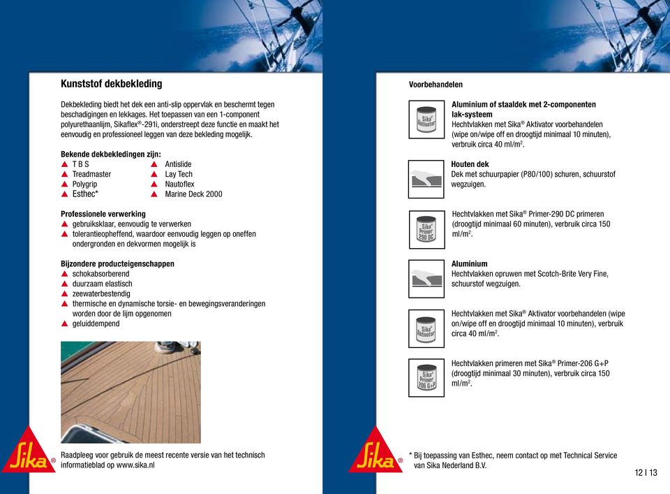 Bekende dekbekledingen zijn: T B S Antislide Treadmaster Lay Tech Polygrip Nautoflex Esthec* Marine Deck 2000 Professionele verwerking gebruiksklaar, eenvoudig te verwerken tolerantieopheffend,