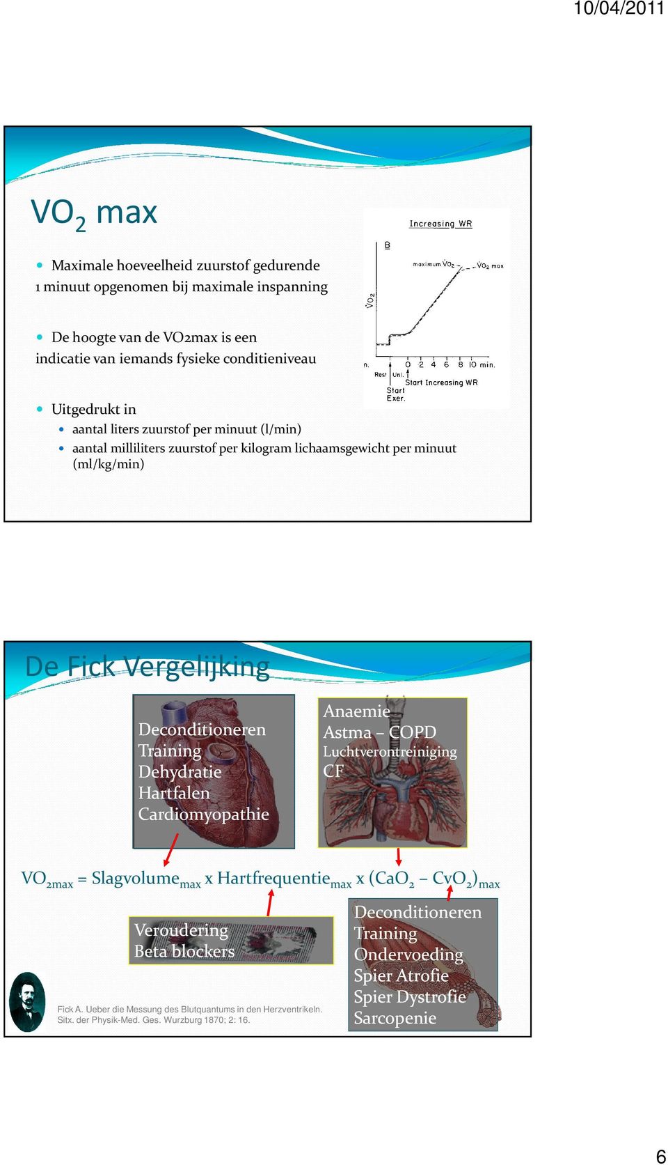 Dehydratie Hartfalen Cardiomyopathie Anaemie Astma COPD Luchtverontreiniging CF VO 2max = Slagvolume max x Hartfrequentie max x (CaO 2 CvO 2 ) max Veroudering Beta blockers Fick A.