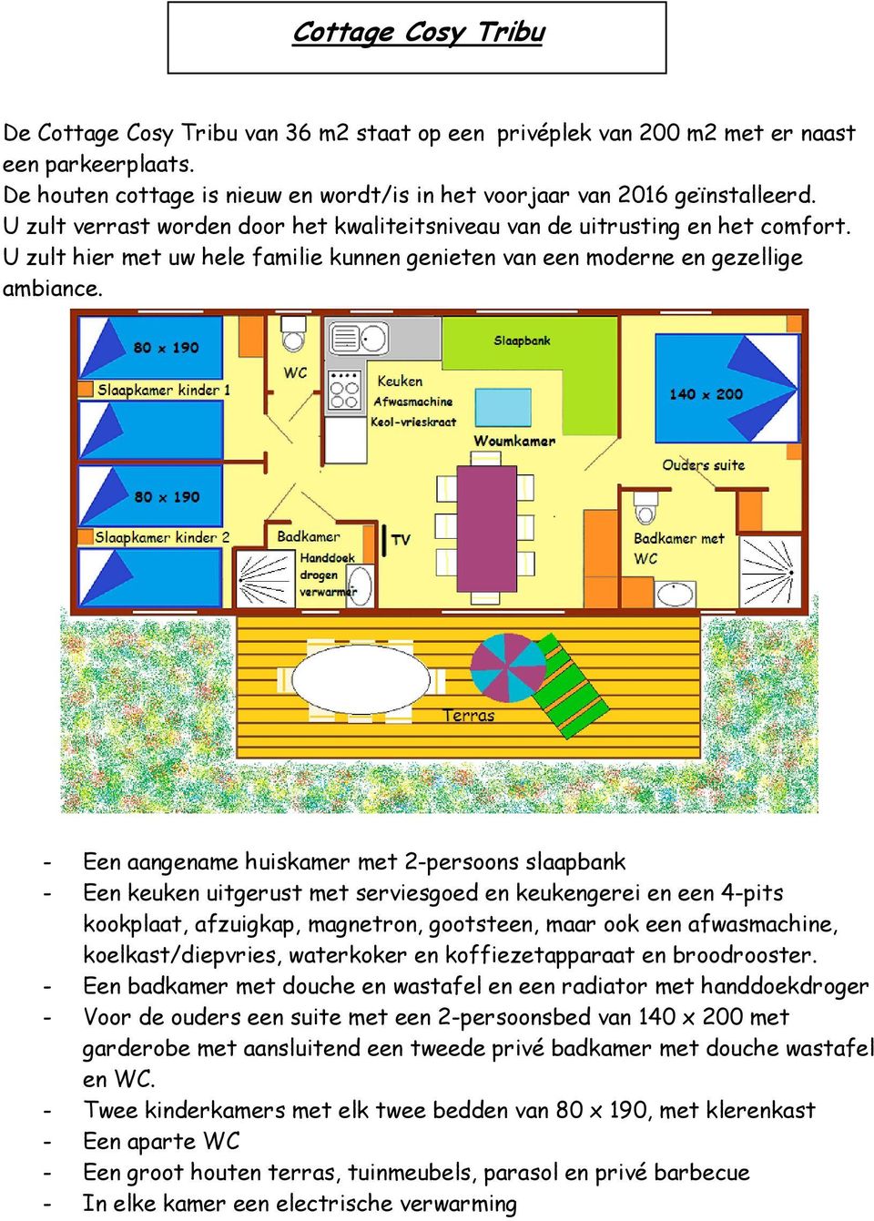 - Een aangename huiskamer met 2-persoons slaapbank - Een keuken uitgerust met serviesgoed en keukengerei en een 4-pits kookplaat, afzuigkap, magnetron, gootsteen, maar ook een afwasmachine,