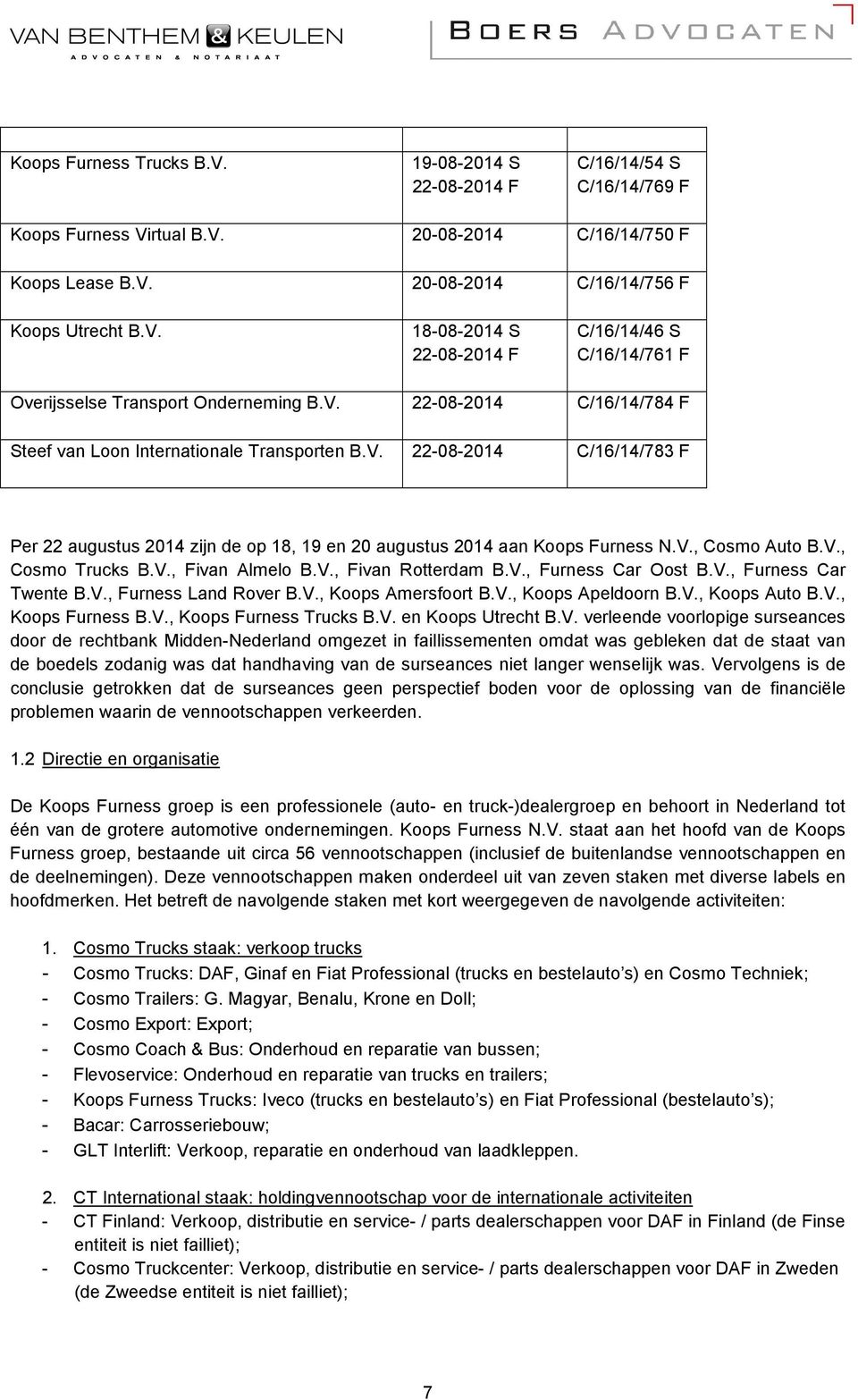 V., Fivan Almelo B.V., Fivan Rotterdam B.V., Furness Car Oost B.V., Furness Car Twente B.V., Furness Land Rover B.V., Koops Amersfoort B.V., Koops Apeldoorn B.V., Koops Auto B.V., Koops Furness B.V., Koops Furness Trucks B.