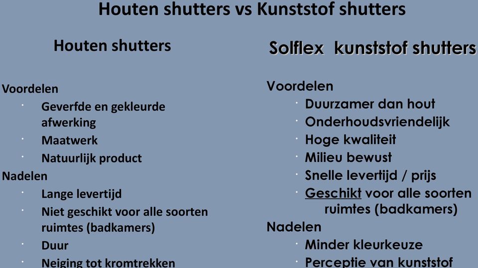 kromtrekken Solflex kunststof shutters Voordelen Duurzamer dan hout Onderhoudsvriendelijk Hoge kwaliteit Milieu