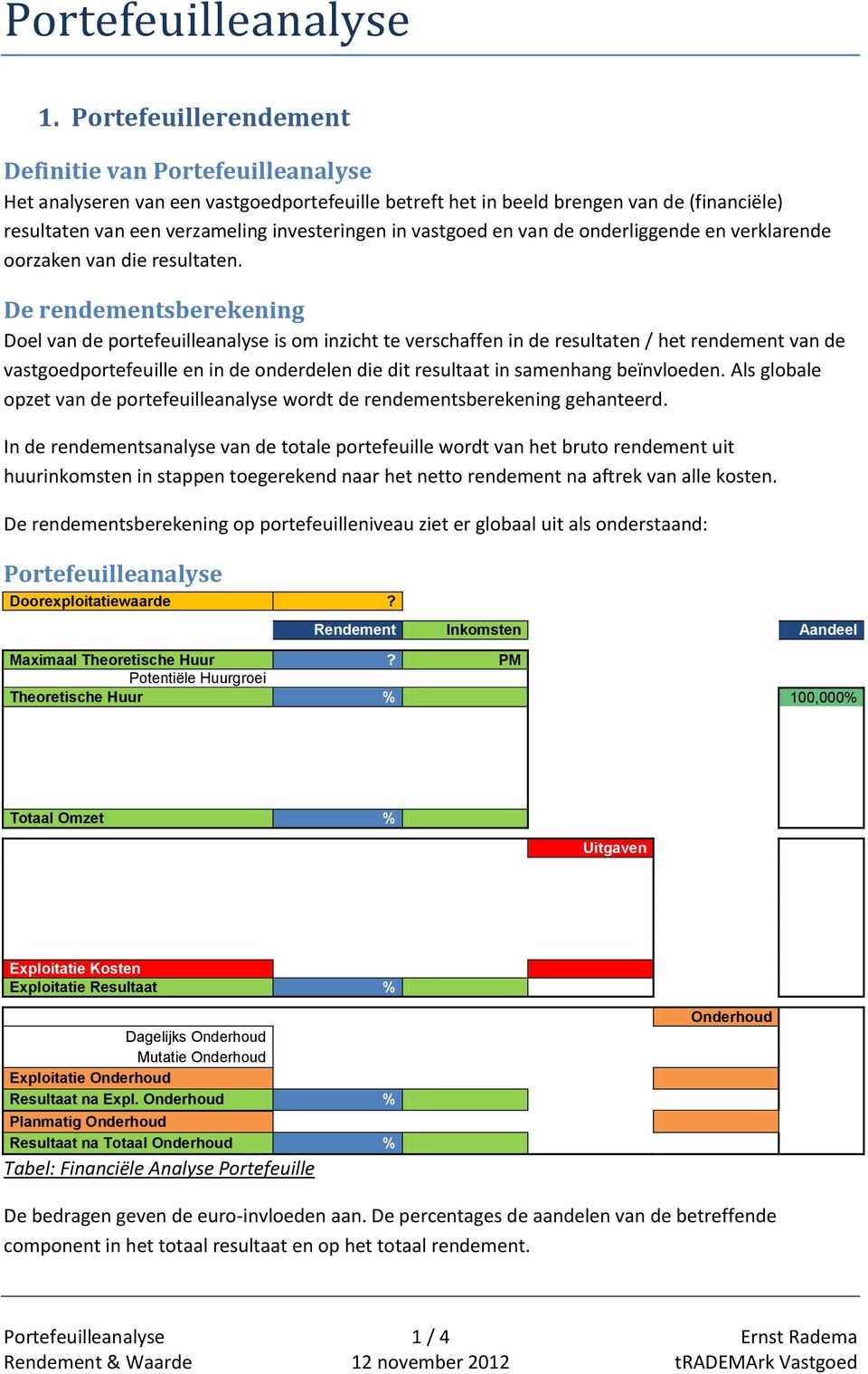 vastgoed en van de onderliggende en verklarende oorzaken van die resultaten.